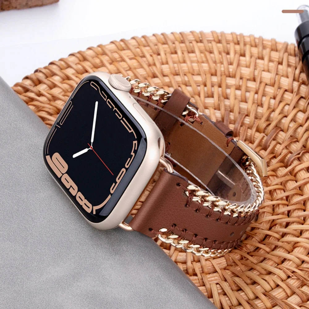 Strap For Apple Watch Band Ultra 2 49mm 10 9 8 7 6 5 4 SE Hand sewn leather chain bracelet Band iWatch 45mm 44mm 42mm 46mm Belt