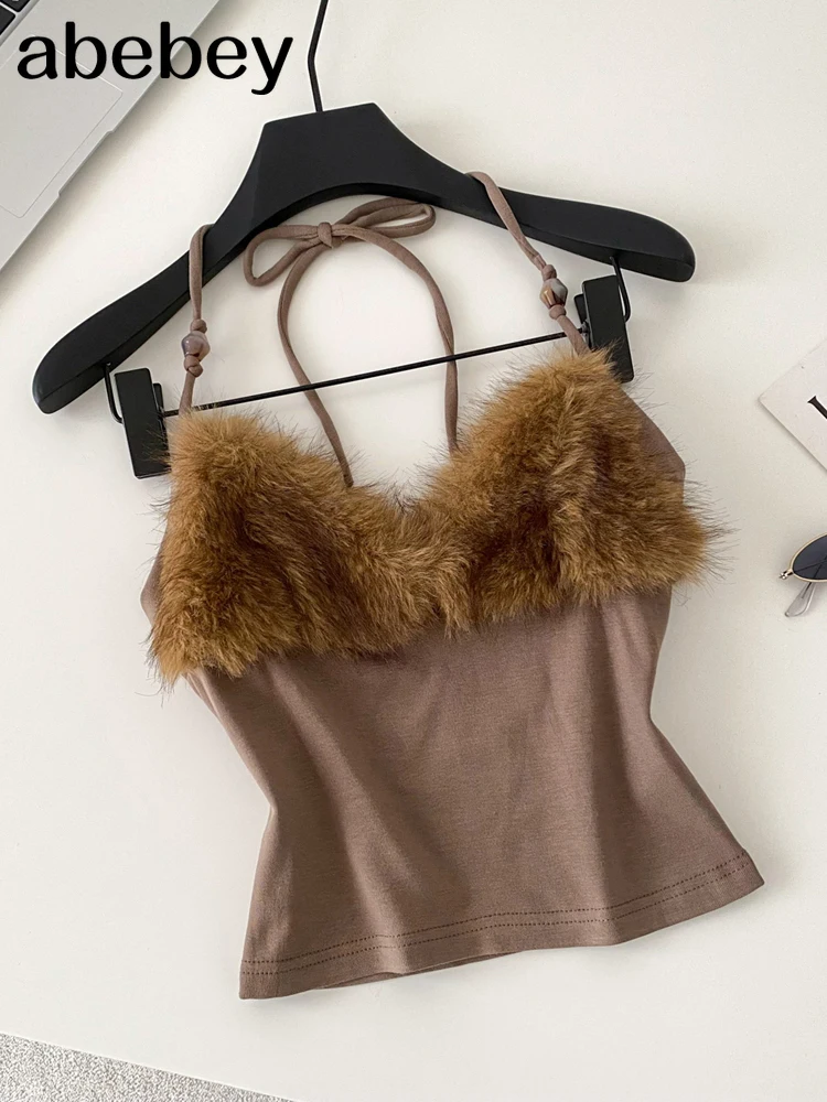 

2026 New Winter Elegant Fashion Fur Patchwork Backless Tie Halter Neck Camisole For Women Slim Fit Solid Tank Top Female