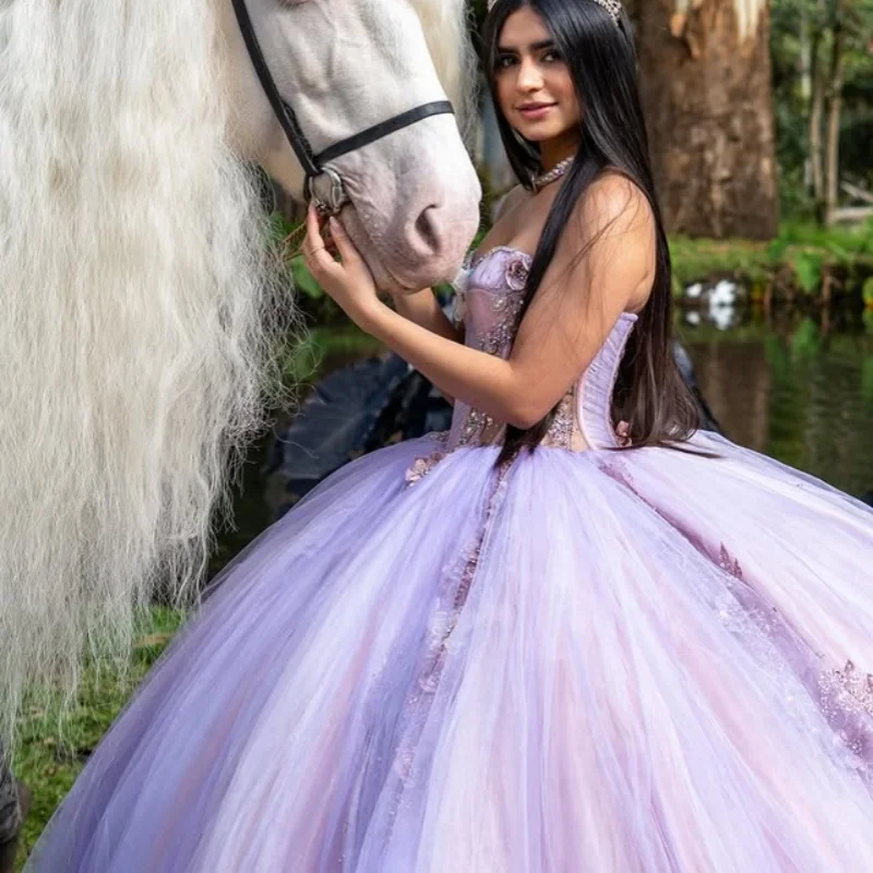 

lavender purple Off Shoulder Quinceanera Dress Lace sequin applique Tull 3D flower vestidos de 15 Quinceanera ﻿ Customized