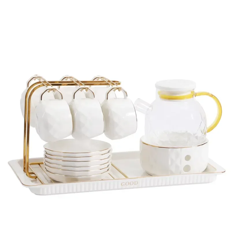 Glass Fruit Teapot Set with Candle Warmer Simple Tea Cup Coffee Mug Gift Box Tray for Home Kitchen Decor Elegant Design