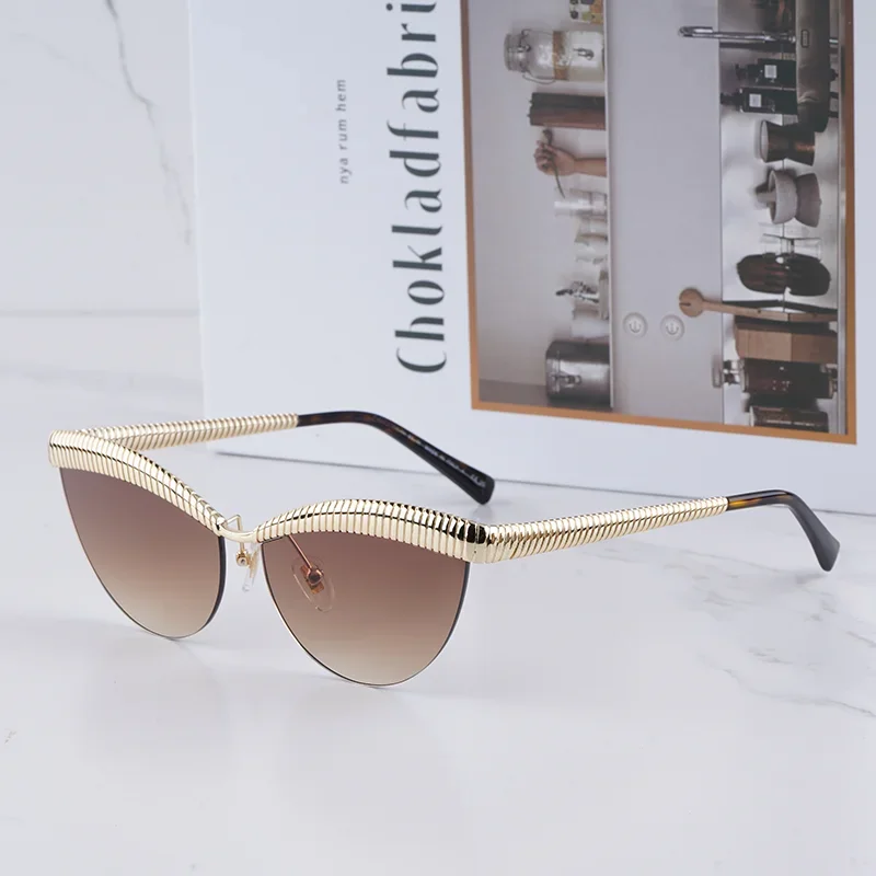 

INS Fashion Sliver Cat Eye Half Rimless Sunglasses for Women Luxury Craft Top Quality Alloy Boundless Solar Glasses for Fem