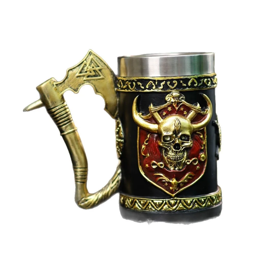 3D Stainless Steel Resin Beer Mug American Style Axe Handle Skull Design Creative Tankard Bar Drinkware Gift for Men