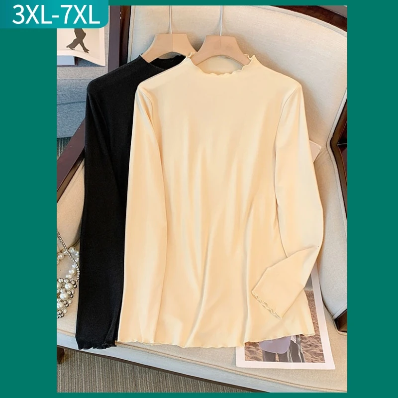 

New 2023 Autumn Winter Plus Size Tops For Women Large Size Long Sleeve Slim Elastic Black Apricot T-shirt 3XL 4XL 5XL 6XL 7XL