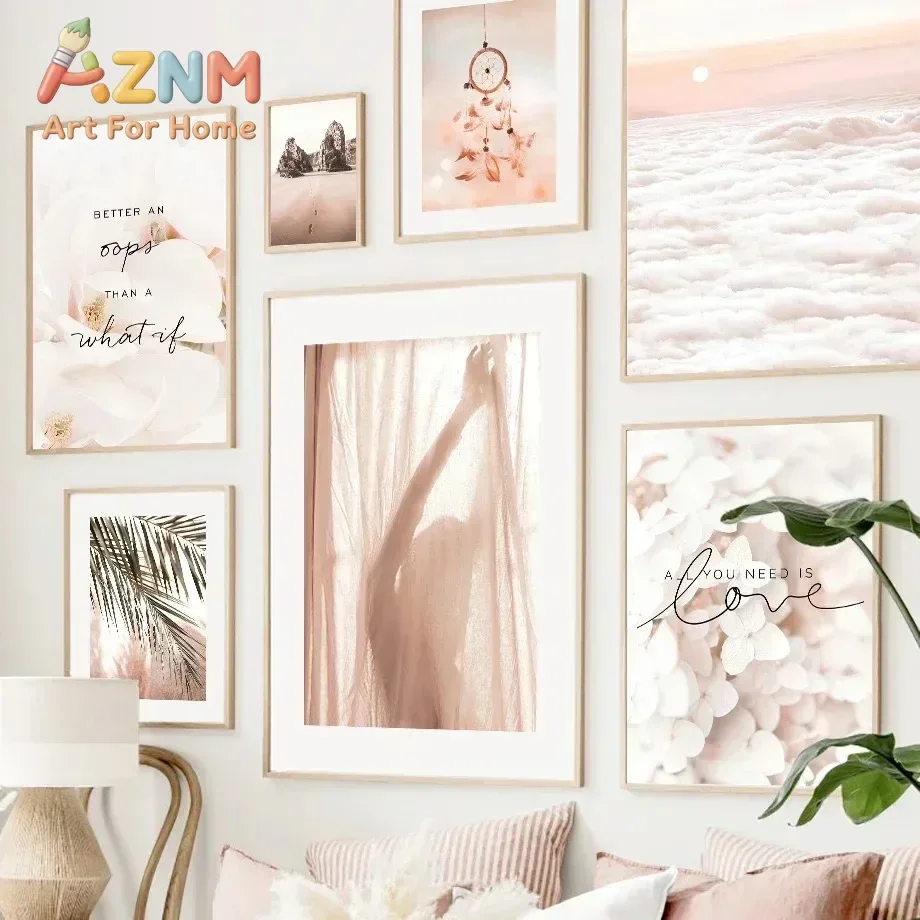 Modern Pink Gold Marble Flower Beach Girl Wall Canvas Painting Art Nordic Posters and Printmaking Living Room Home Wall Painting