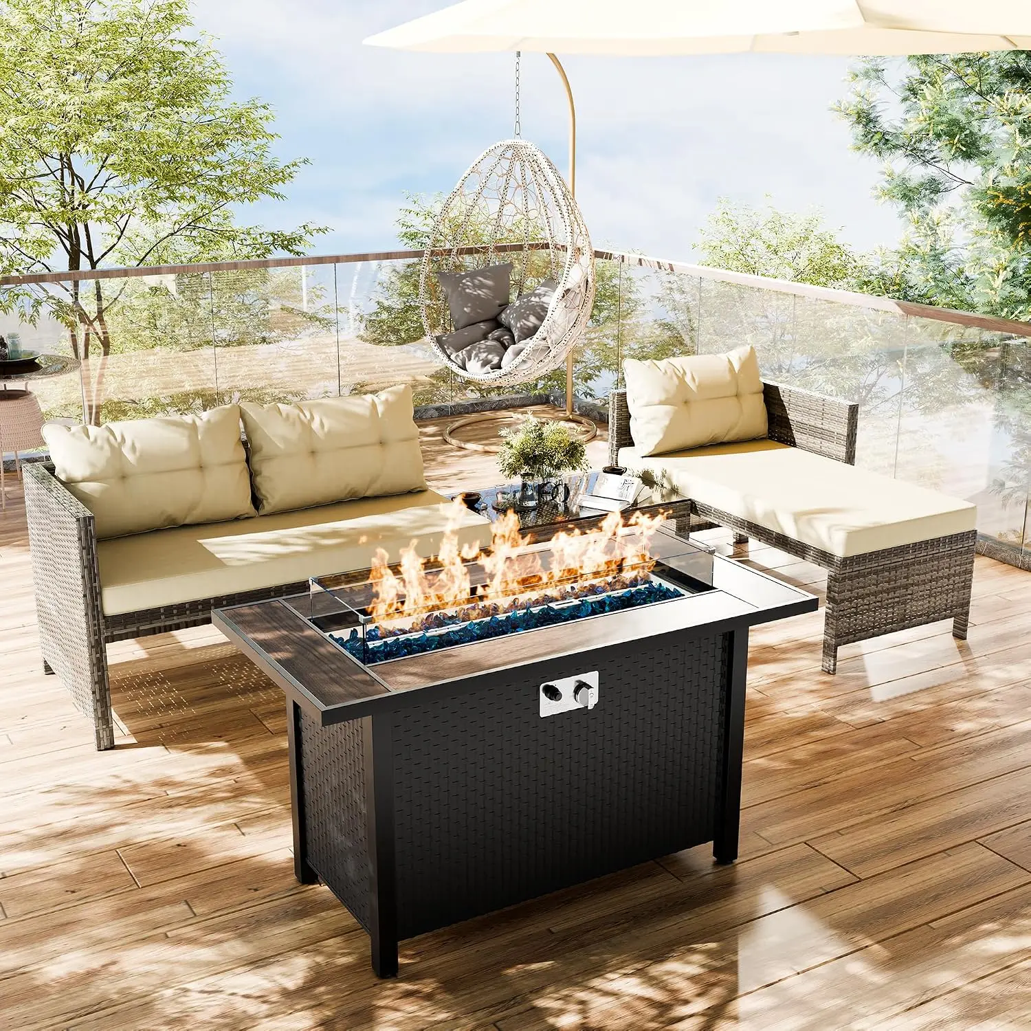 45in Fire Pit Table Outdoor Sectional Sofa, Propane Patio Set with Wind Guard & Rain Cover, Walnut Beige, Customized