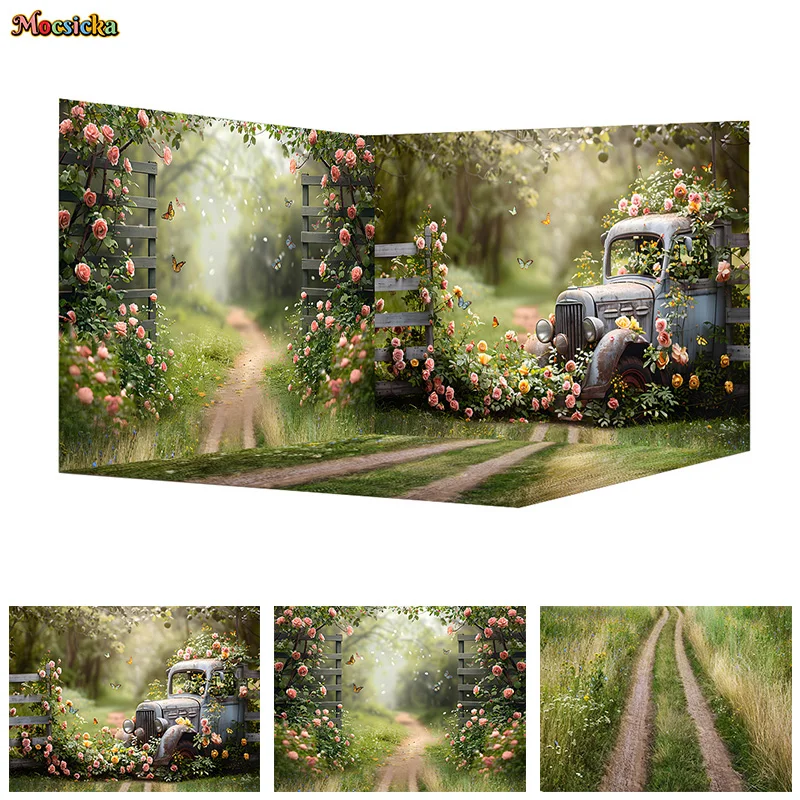 

Mocsicka Spring Photography Backdrop Happy Birthday Party Floral Car Background Adult Kids Portrait Cake Smash Photo Banner