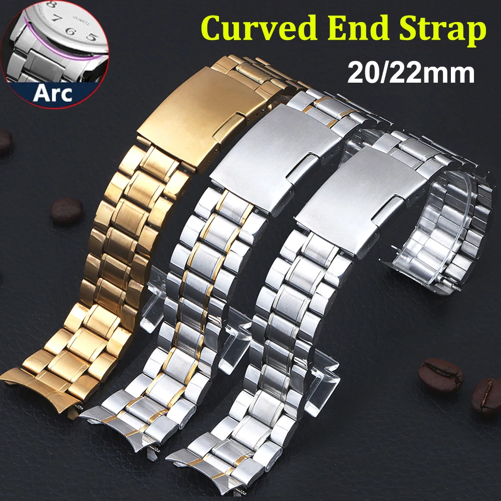 20mm 22mm Arc Bound Sheet Belt Curved End Stainless Steel Strap Not Solid Watch Band Replacement Wristband Men Women Bracelet