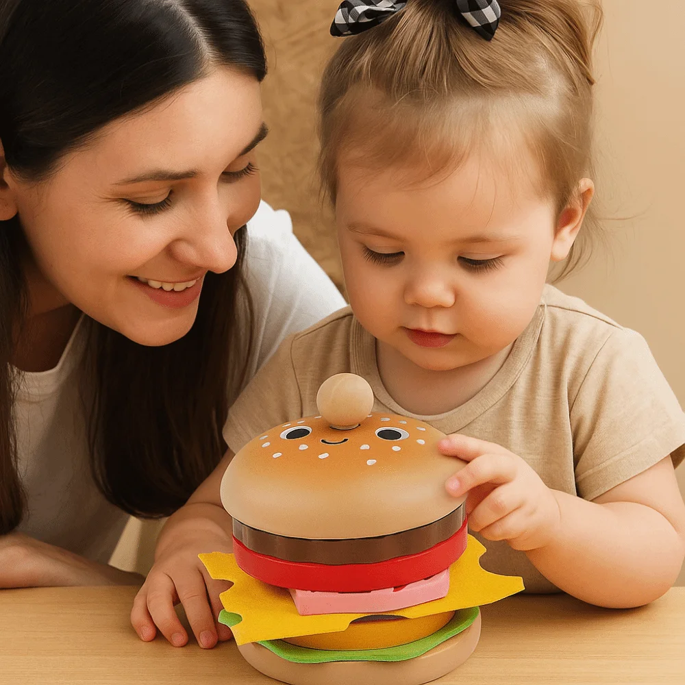Casa de jogo de madeira hambúrguer brinquedos empilhamento jogo hambúrguer sanduíche fingir jogar cozinha comida brinquedos características interativas