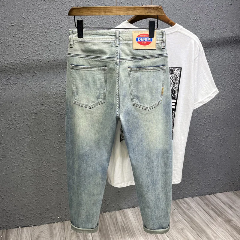 2024Summer New Thin Type Jeans Men's Distressed Retro Fashion Casual Stretch Slim Fit All-Match Washed High-End Cropped Pants