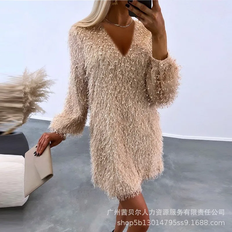 Frauen Mode Plain Flauschigen V-ausschnitt Casual Kleid Pendeln Weibliche Kleidung Winter Frau Lose Elegante Fransen Mini Kleider