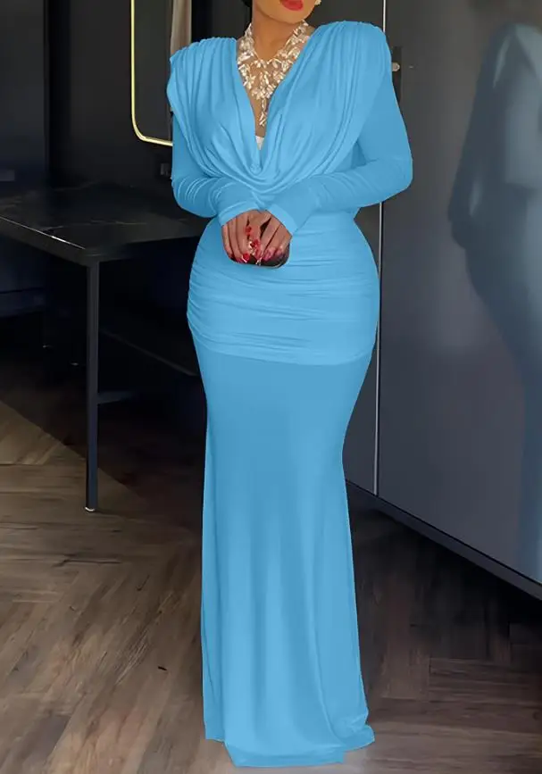 

Women Dress 2025 Fashion Spring Cowl Neck Ruched Cinched Waist Slim Fit Maxi Dress Casual Padded Shoulder Backless Evening Dress