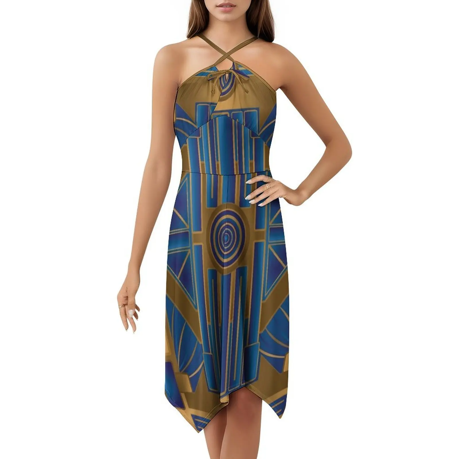 Abito da festa elegante da donna con pannello blu e bronzo Art Déco degli anni '20 Abito a trapezio con opzioni corte/lunghe/senza maniche Art Retro