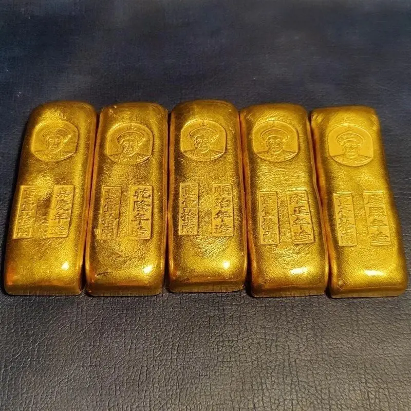 Brass gilt solid Qing Dynasty five emperors vault pick up two gold bars antique collection gold brick simulation