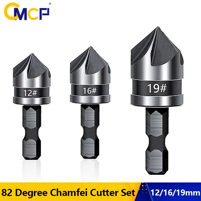 

CMCP Chamfer Cutter Set 82D 5 Flute Round/Hex Shank HSS Countersink Drill Bit 12/16/19mm Woodworking Drill Bit For Power Tool