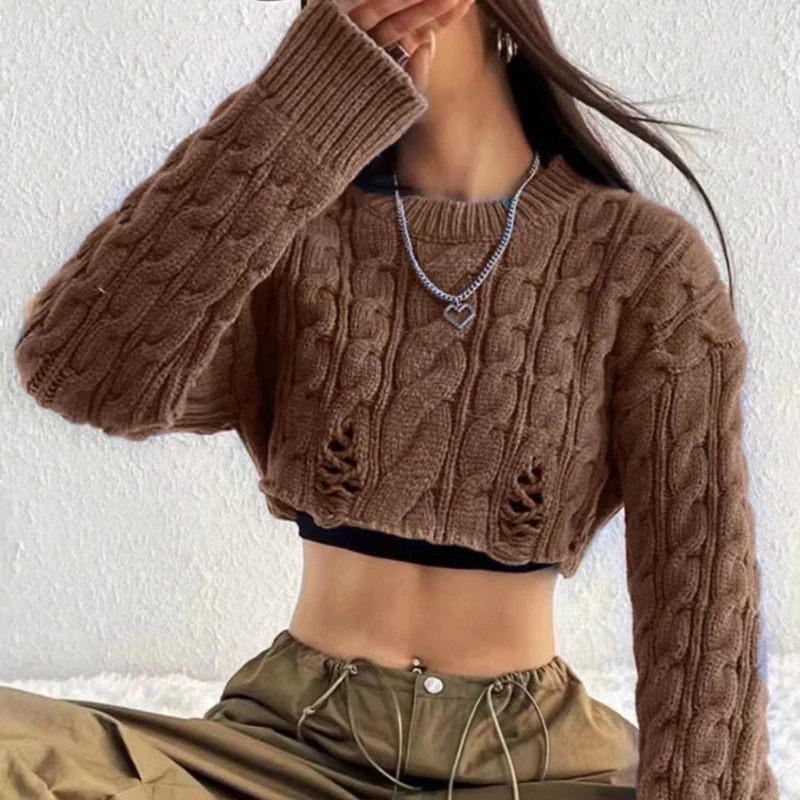 เสื้อสเวตเตอร์ครอปถักไหมพรมแฟชั่นผู้หญิง แขนยาว คอกลม ทรงบิดเกลียว สไตล์เซ็กซี่ เอวสูง สำหรับฤดูใบไม้ร่วงและฤดูหนาว