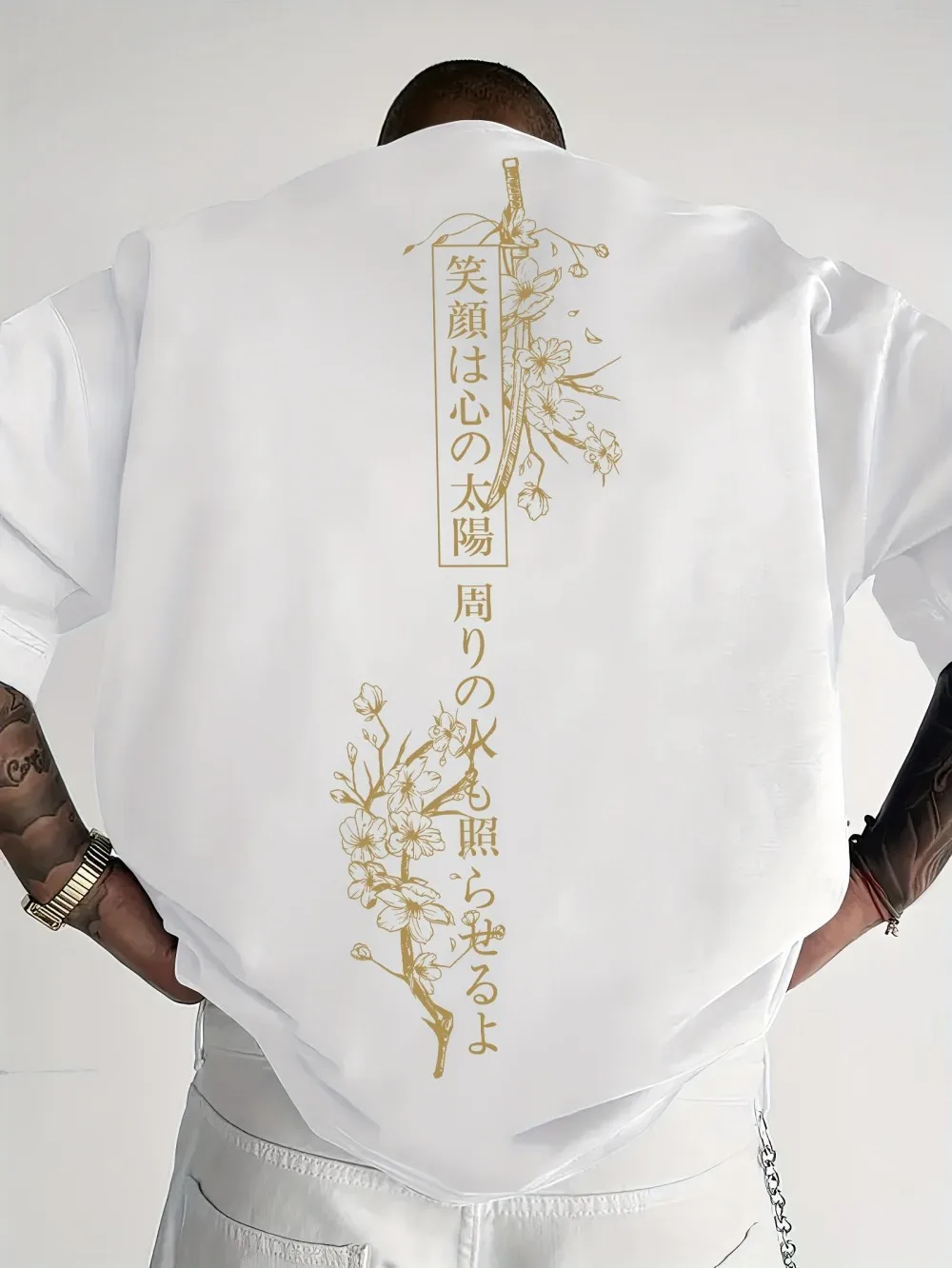 American men's summer samurai sword cherry blossom letter print soft and breathable round neck T-shirt outdoor casual top