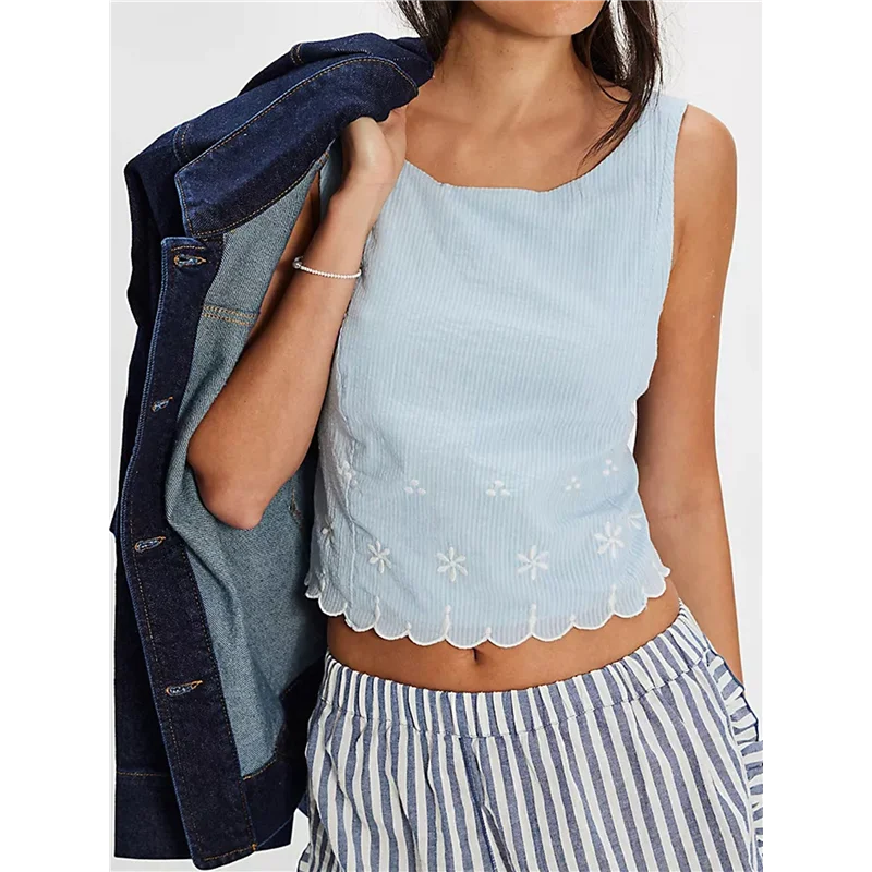 

ASDS-Women's Crew Neck Sleeveless Rippled Contrasting Colors Hem Trim Embroidery Blouse Tops