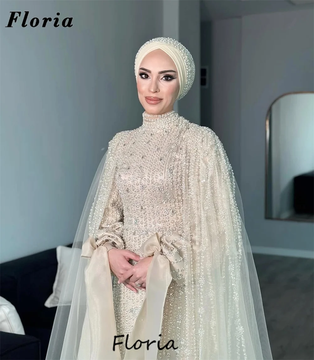 

Saudi Arabia Ice Cream Beading Evening Dresses Muslim Cape Long Sleeves Prom Dress Wedding Party Gowns Customized Robes De Soire