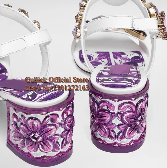 Bohemia Style Rhinestone Gem Chunky Heels Sandals Purple Leather Ankle Strap 10cm Crystal Female Summer Dress Shoes
