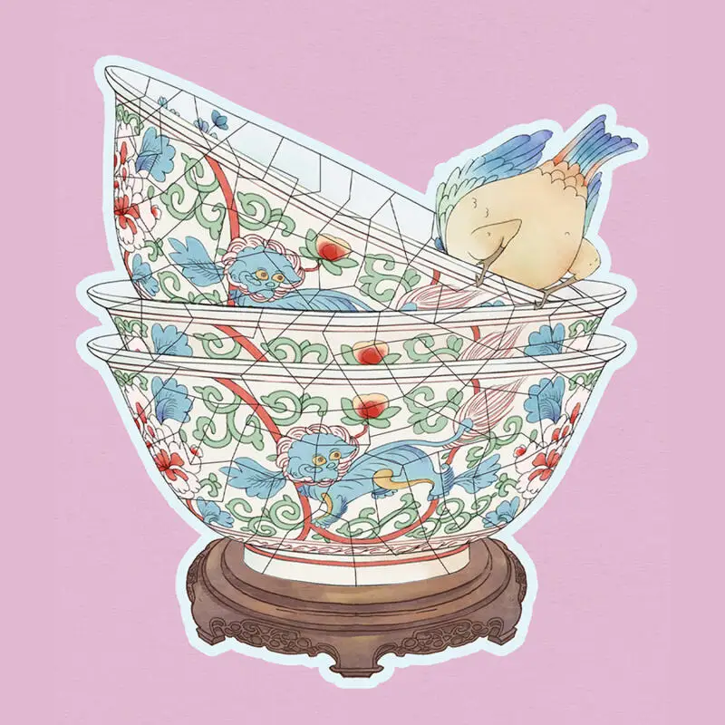 بطاقة عاشق 4 قطع [سلسلة استعادة ريليك] ملصقات المناظر الطبيعية ثلاثية الأبعاد وعاء المينا وعاء الفاوانيا الأسد النمط القديم للمجلات