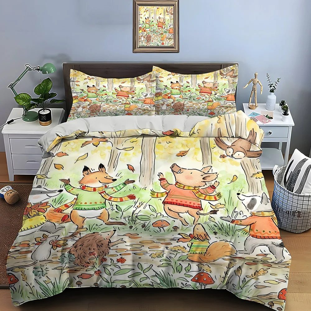 Forest animals autumn celebration Bedding Set for Kids Luxury Gift 3pcs Digital Print Comforter Set Soft Comfortable Breathable