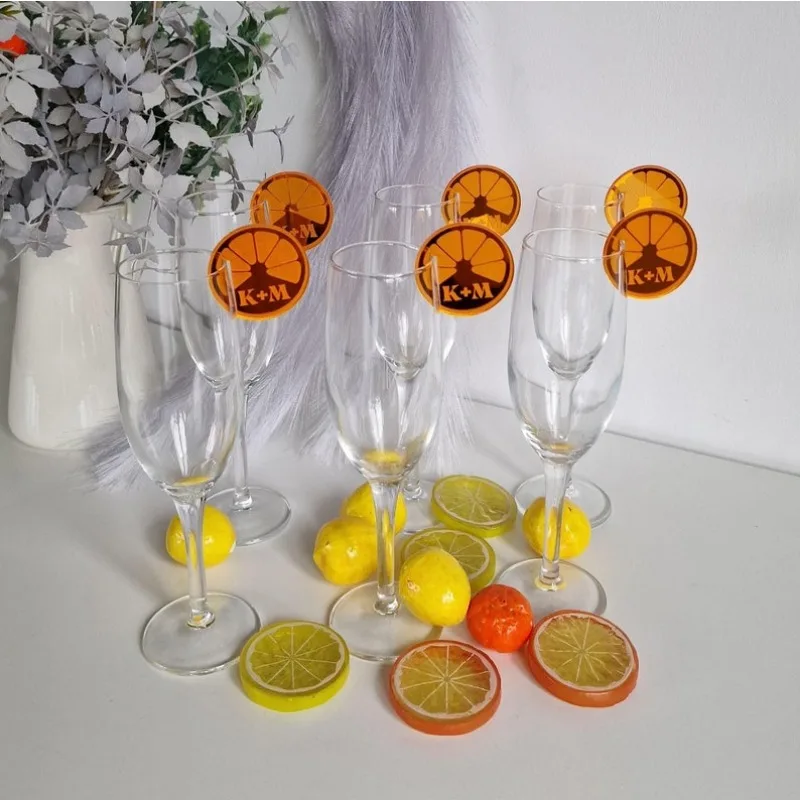 

Aperol Spritz drink tags personalized, citrus bridal shower cocktail charms, acrylic drink toppers custom, lemon party favors