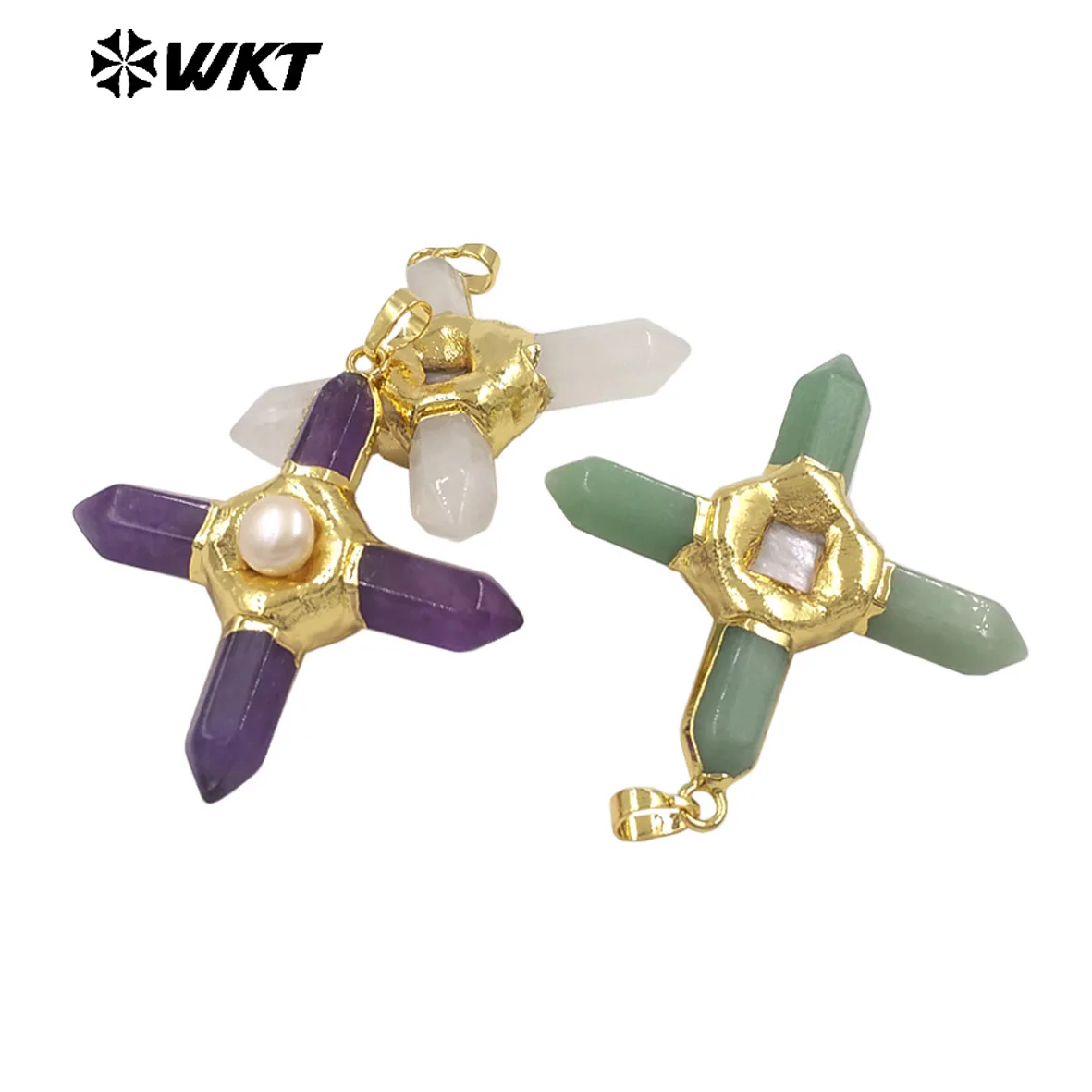 

WT-P1967 Винтажный кулон в форме креста с жемчугом и натуральным драгоценным камнем, покрытый 18-каратным золотом, для женщин, ювелирные украшения ACC