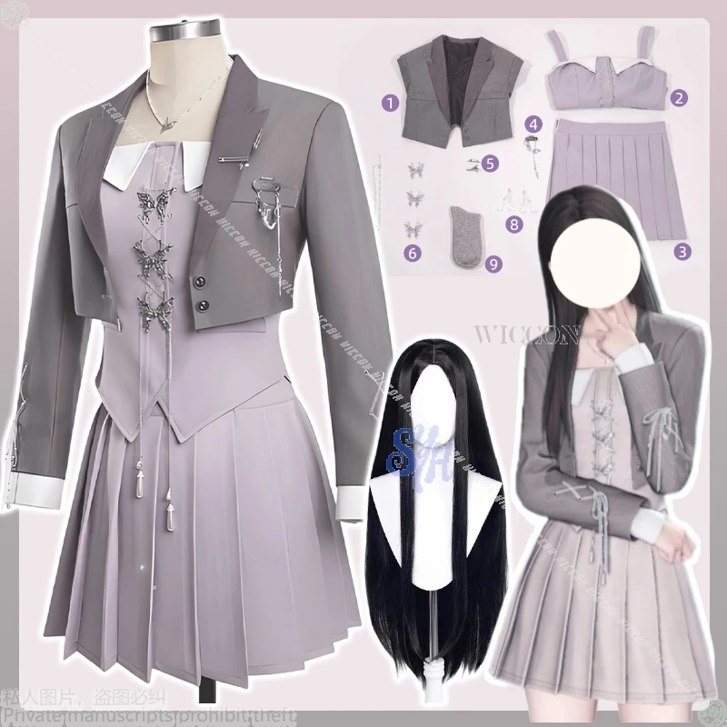 

Love And Deepspace Heroine Cosplay Anime Haunt One’s Mind Sexy Pink Gray Mini Dress Coat Butterfly Necklace Halloween Party