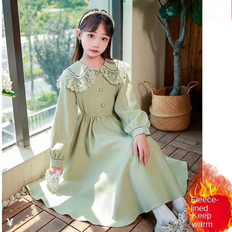 

College Style Large Children's fleece-lined Fashion Princess New Spring and Autumn Girls' Long Dress