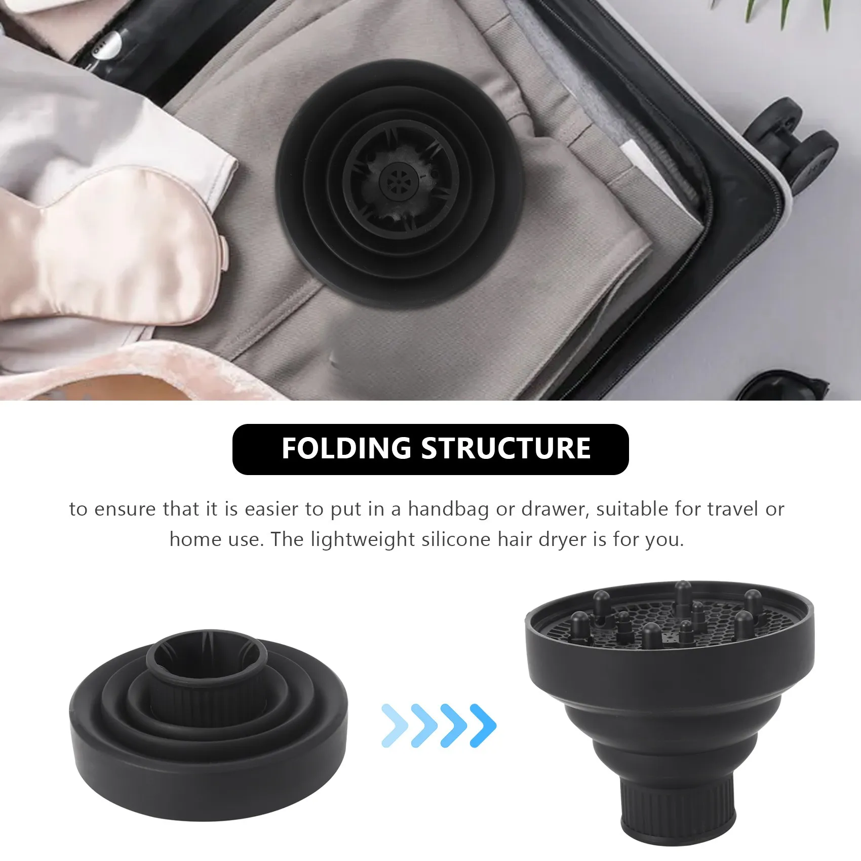 مرفق مجفف شعر عالمي قابل للطي، تصميم قابل للطي ومحمول للسفر يناسب معظم مجففات الشعر - أسود-T33C
