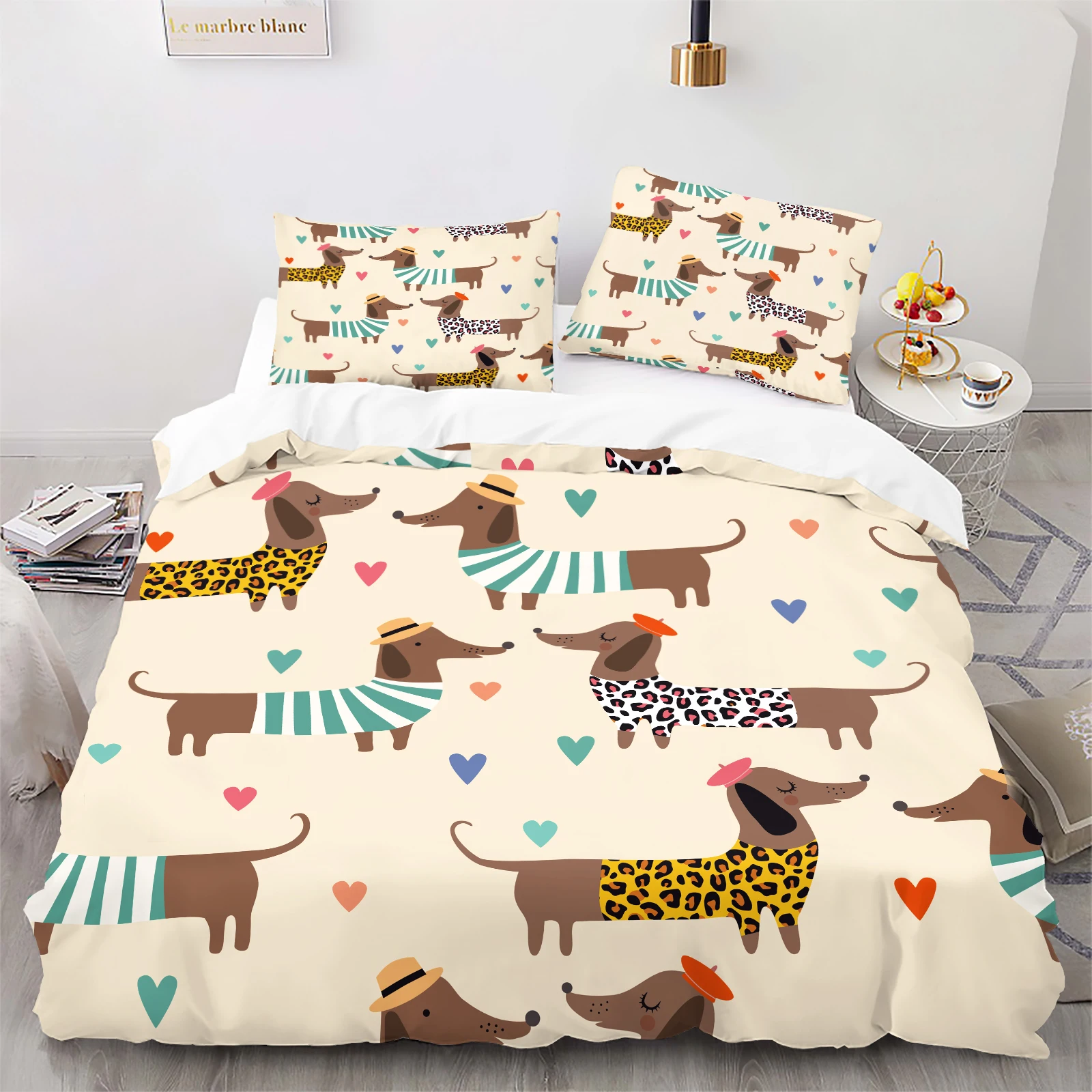 Chic Dachshund Duvet Set with Leopard & Stripe Prints on Beige Background. Cute Heart Pattern Bedding for Pet Lovers