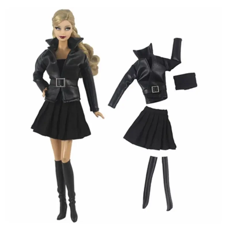 

Fashion Black 11.5" Doll Outfits Set For Barbie Clothes Leather Coat Jacket Tank Top Boots Skirt 1/6 Dolls Accessories Kids Toys