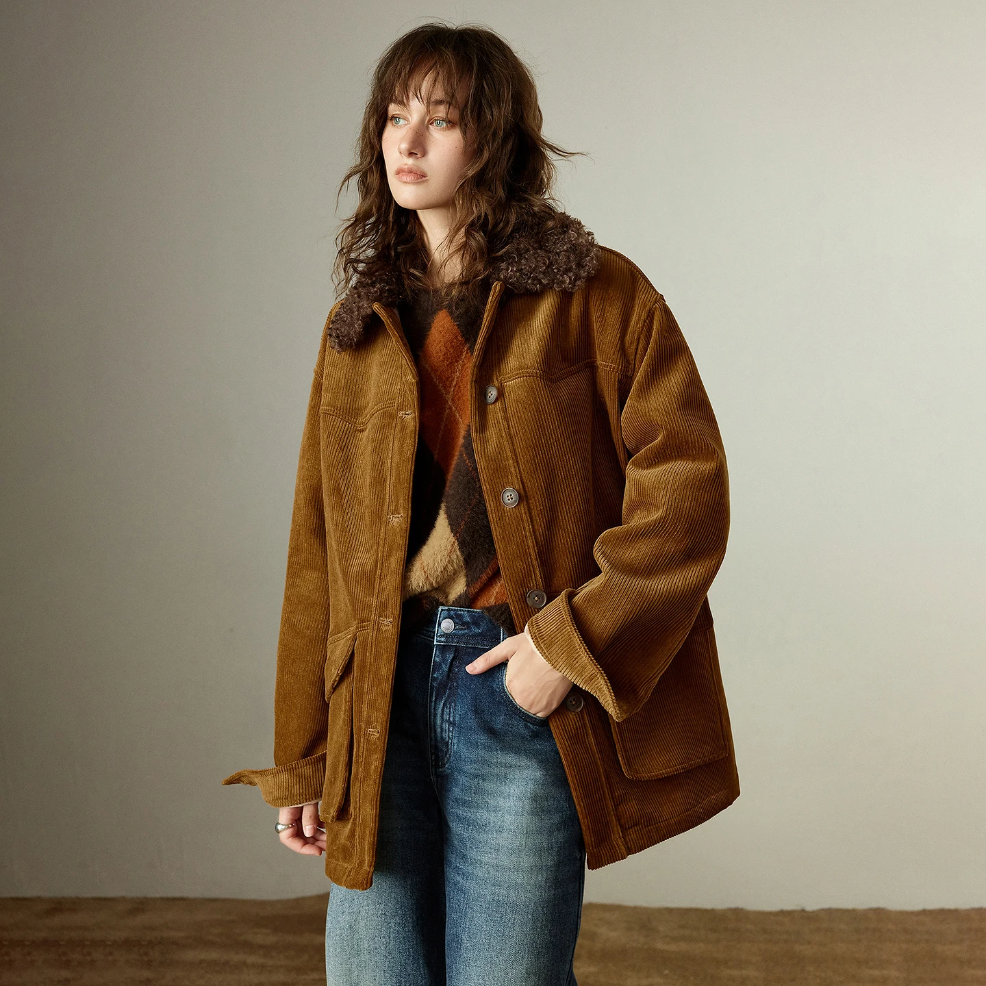 TOYOUTH Women Coats 2025 Winter New Shearling Collar Fleece-lined Warm Oversized Nomad Style Workwear Cotton Coats