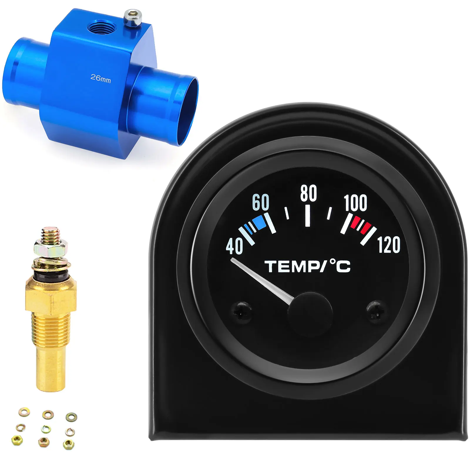 52mm Car Water Temp Gauge 40~120 ℃ With Water Temp Sensor 10mm Water Temp Joint Pipe Sensor Adapter 1/8NPT 26mm-40mm