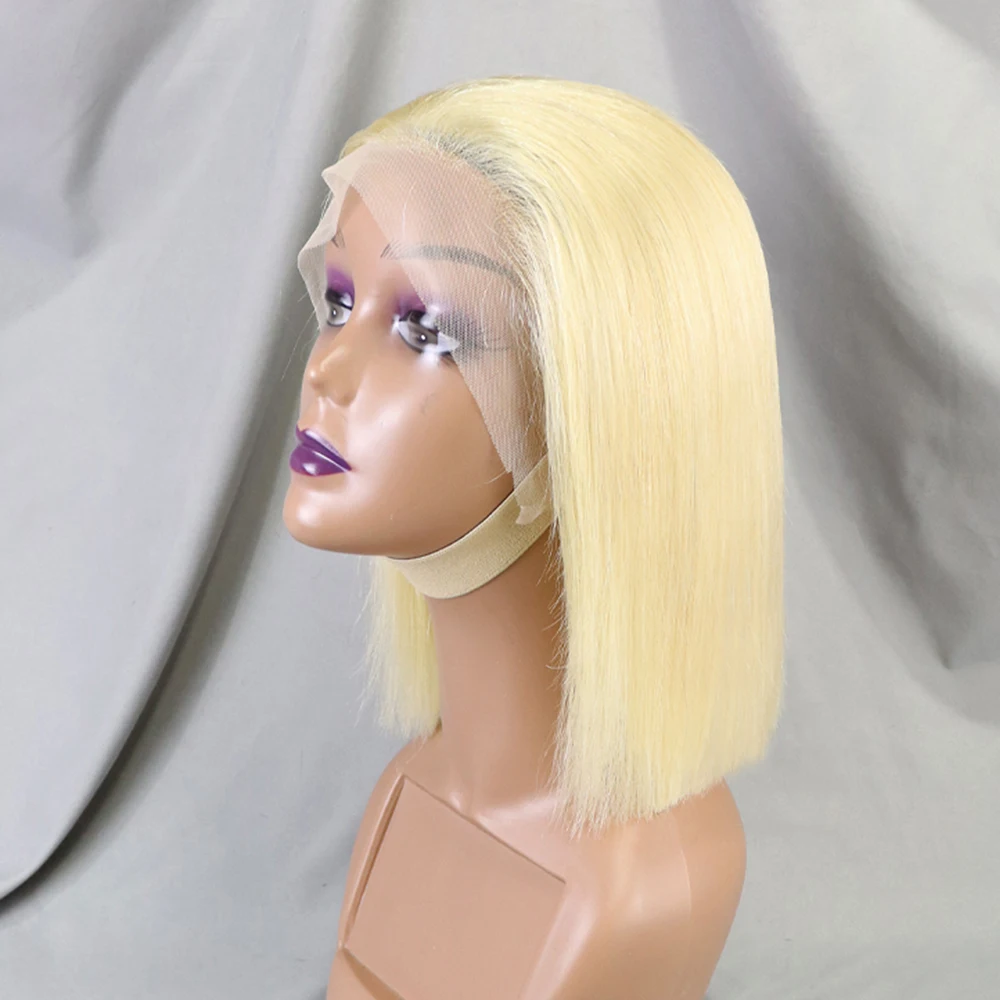 300% Density Blunt Cut Short Bob Straight Human Hair Wig 13x4 Transparent Lace Frontal Hair Wig Blonde 613 Color for Black Women