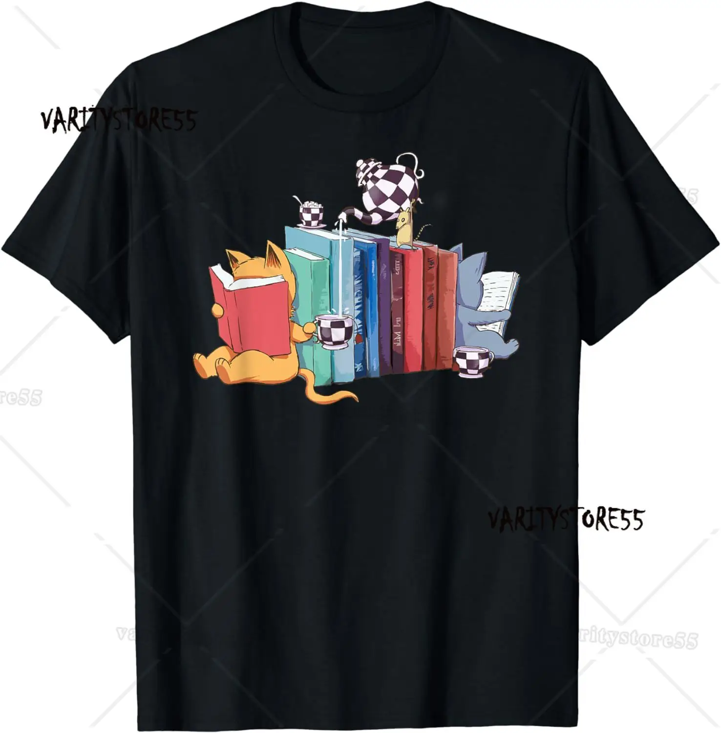 Bookend Kittens Cats tea and books T-Shirt Cotton Tee Shirt Short Sleeve T Shirts O Neck Clothing Adult