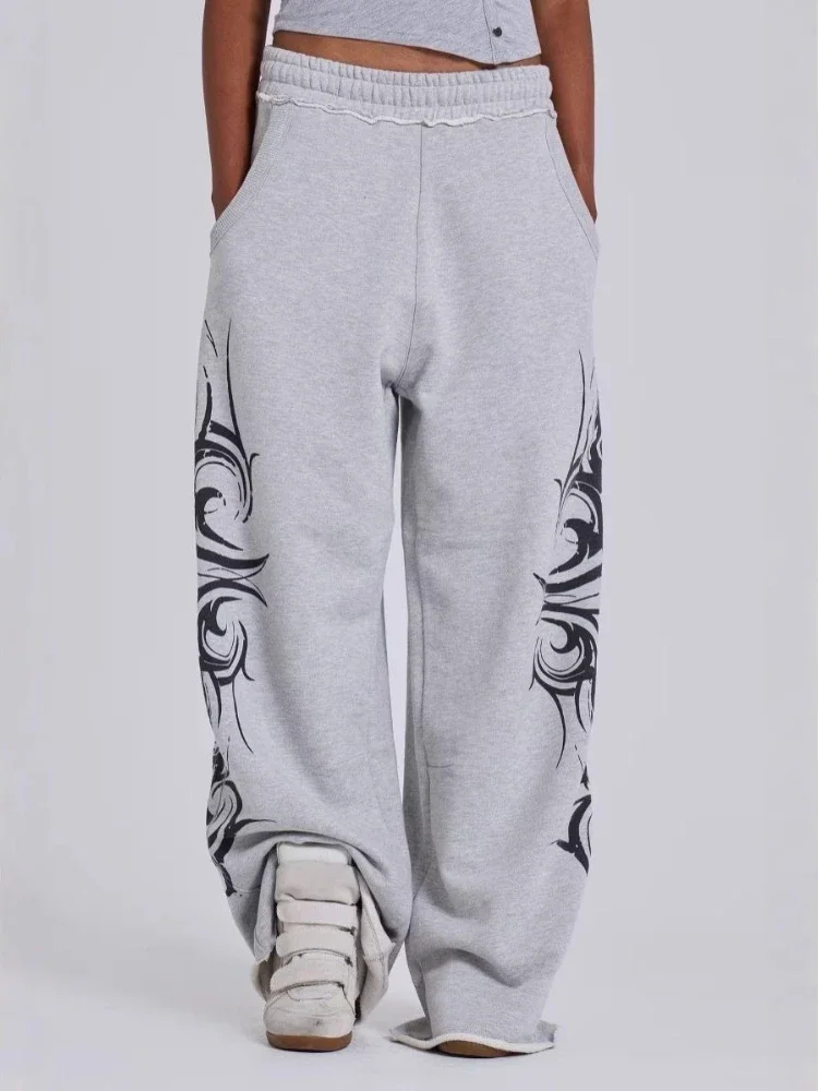HOUZHOU Gray Vintage Graphic Print Women Pants Wide Leg American Style Jogging Loose Sweatpants Harajuku Hip Hop Streetwear New