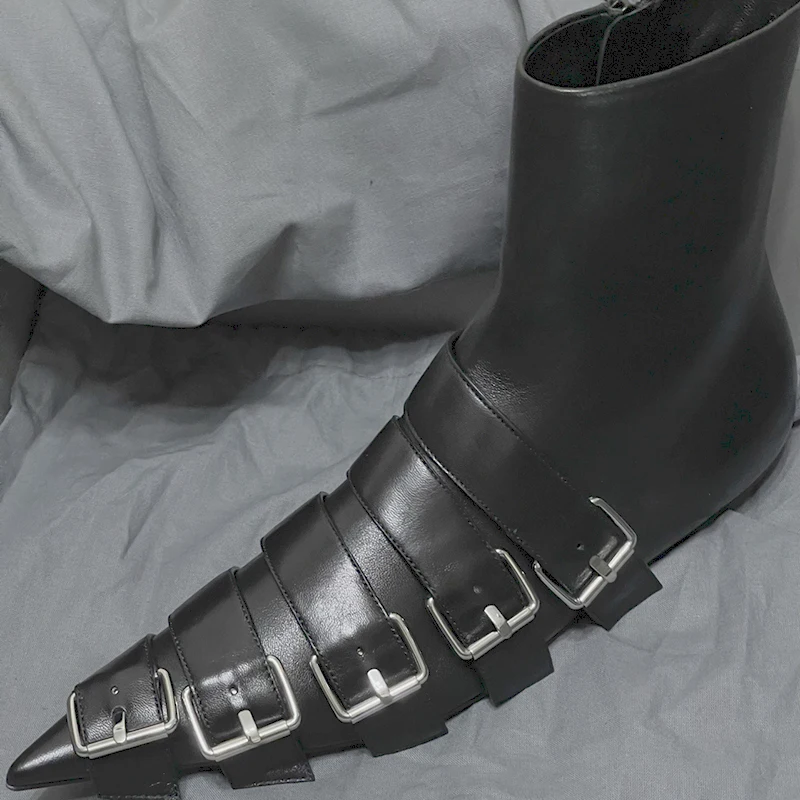 

British Style Metal Buckle Belt Fasten Ankle Boots Female Black Leather Pointed Toe Flat Short Chelsea Booties