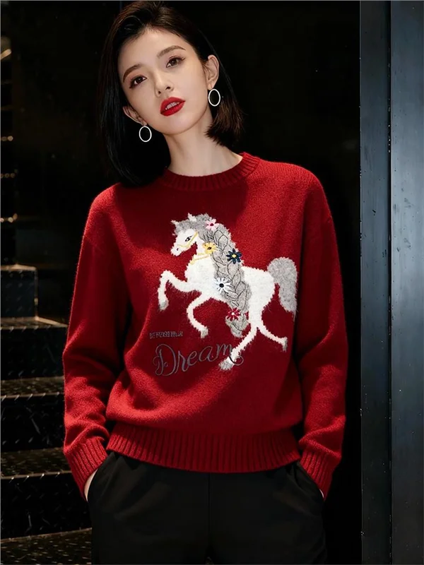 

Red Year Knitted Sweater Women's Soft Cozy Winter Faion Inner Wear Ultra Thin Wool 00% Loose Fit New Year's Sle