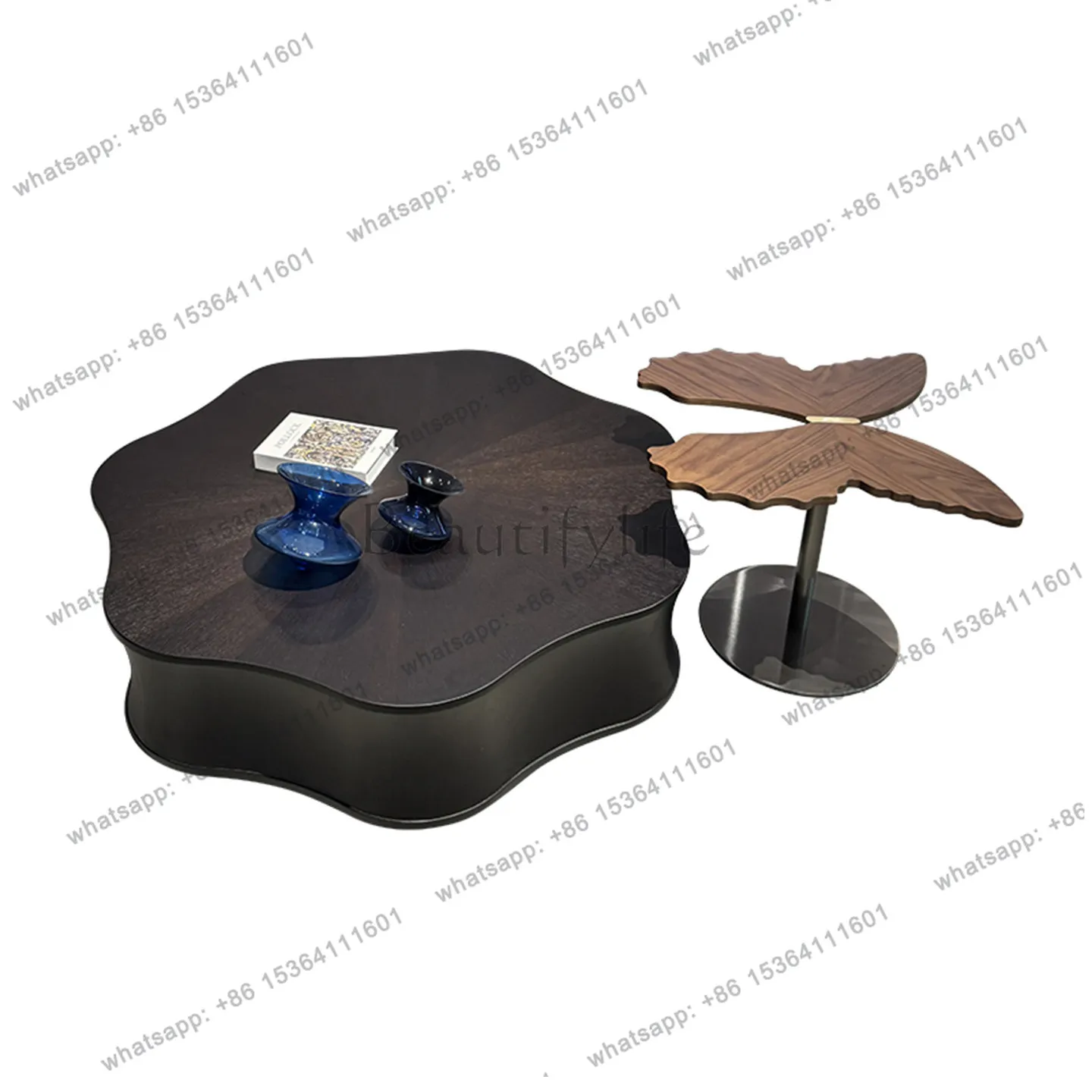 

Italian minimalist medieval style cloud round smoked solid wood special-shaped designer petal coffee table