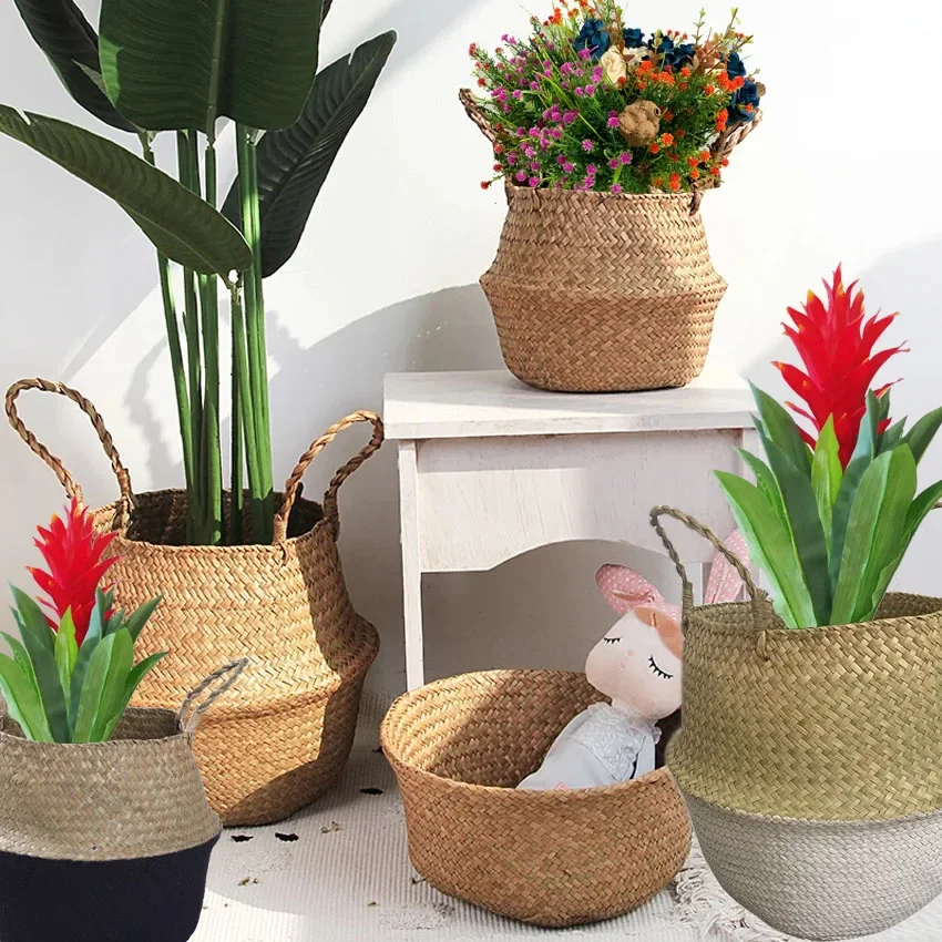 Storage Baskets Straw Wicker Rattan Hanging Flowerpot Seagrass Folding Laundry Clthoes Baskets Garden Plant Basket Home Decor