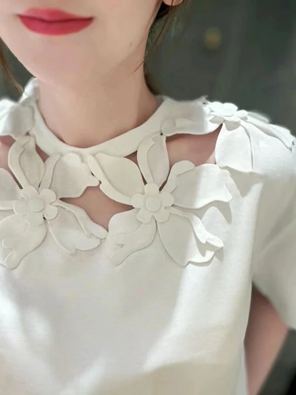 Elegant Hollow out Floral 3D Print Short Sleeve Loose Fit Summer Vintage Slimming Small Size Women's T-Shirt Casual Style