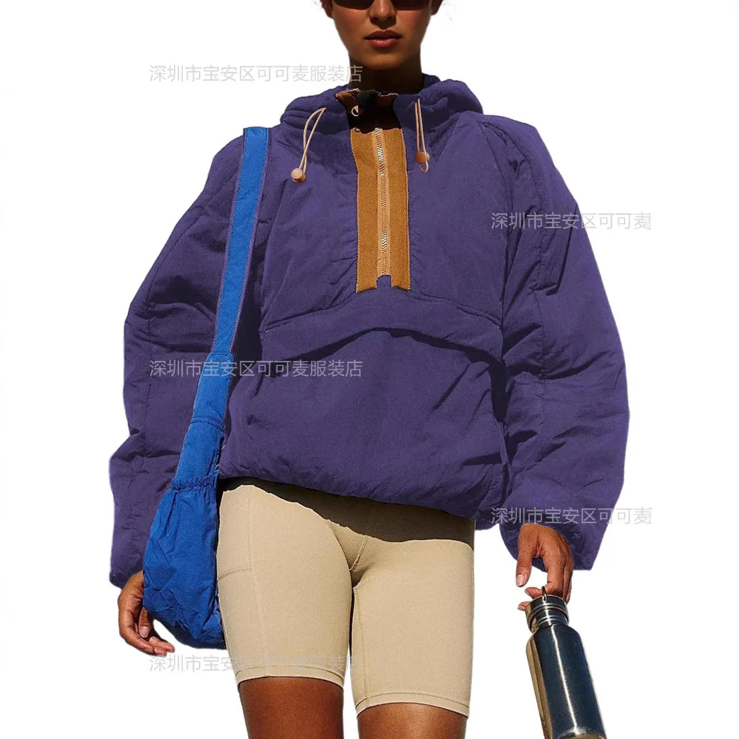 Keep Warm Thick Workwear Style Hooded Sweatshirt Women Contrast Color Zipper Drawstring Loose Pullover Hoodie Comfortable Casual