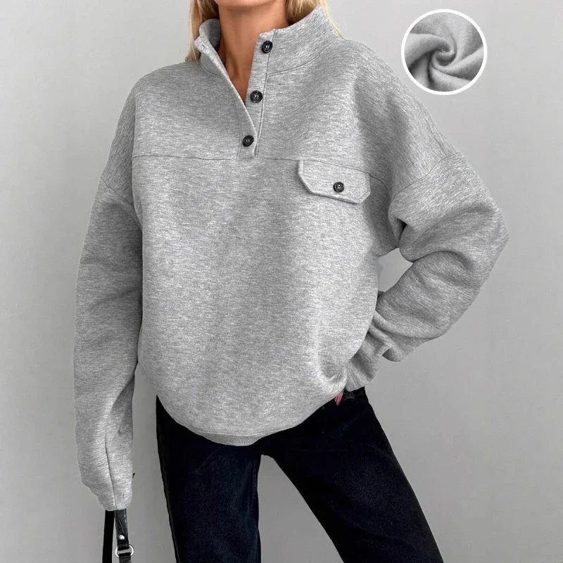 

Лидер продаж 2025, женский модный свитер с воротником-стойкой и пуговицами, однотонный свободный топ, женский тонкий бархатный свитер с воротником-стойкой