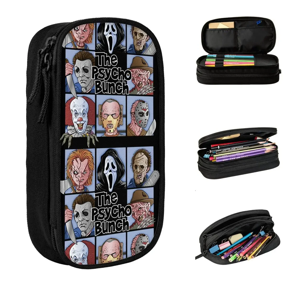 

THE PSYCHO BUNCH Pencil Case Chucky Demon Death Scary Evil Satanism Grim Reaper Pen Bag Large Storage Cosmetic Pencil Box