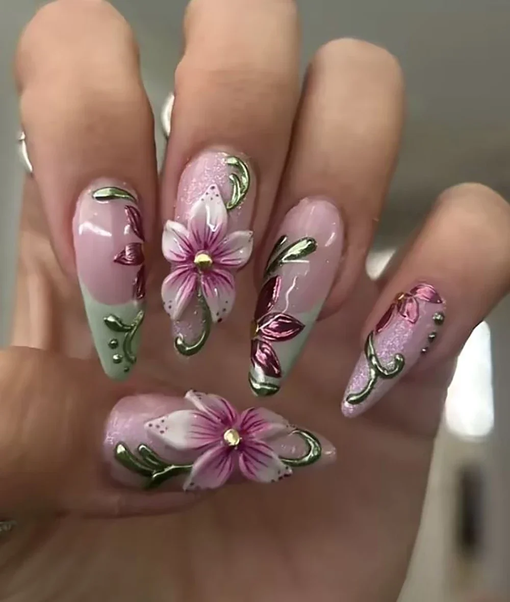 Sweet Cool Y2K Style 3D Flowers Handmade Long Coffin Stiletto Press On Nails Bowknot Water Drop Diamond Fake Nails Customizable