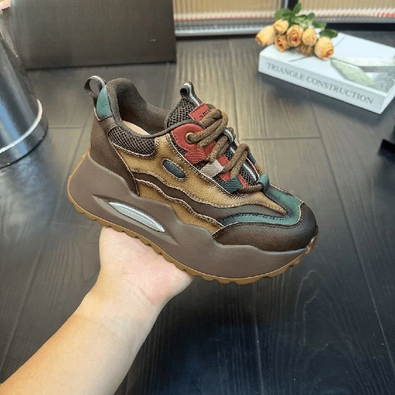 ​2025 Autumn Winter Leather Clunky Sneakers Women's Chunky Thick Sole Retro Sporty Color Blocked Insulated Bestseller​ Shoes