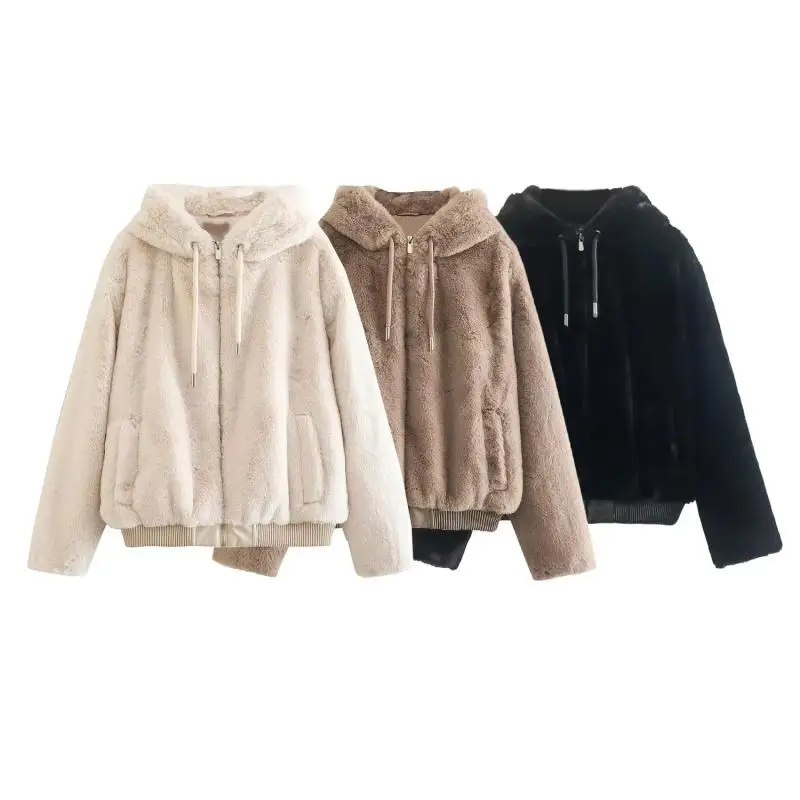

Faionable Women's Hooded Jaet Artificial Fur Effect Long Sve Straight Cut Tee Acetate Fiber Spring 2023 Coat
