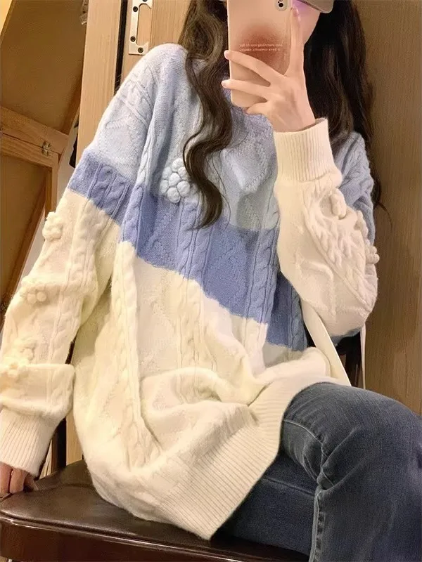 

Мужской мягкий вязаный свитер оверсайз из трикотажа с эффектом помутнения цвета, свободного кроя, утолщенный, в стиле французского шика, из полиэстера.