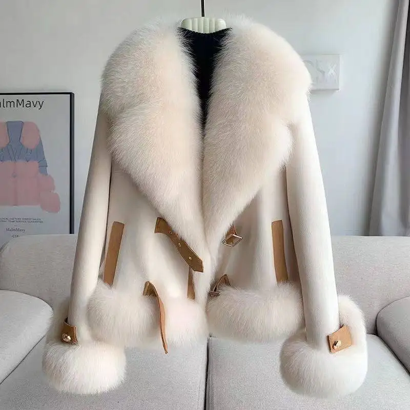 Leather Fur All-in-one 2024 New Winter Imitation Leather Fashion Large Lapel Fur Fur Warm Spliced Wool Jacket